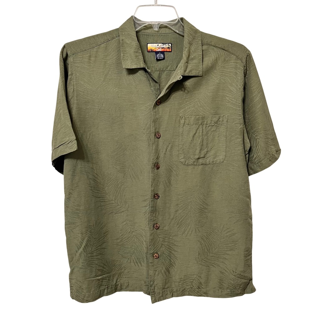 Havana Jacks Cafe Mens Medium Olive Green 100% Silk Jacquard Palm Camp‎ Shirt
